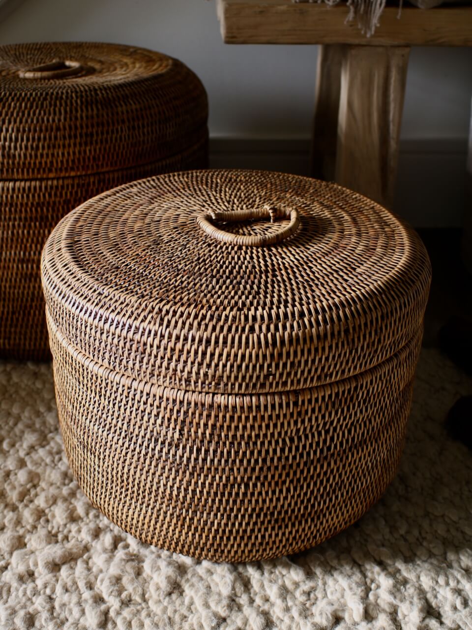 Ely Rattan Round Storage Box - Antique Brown