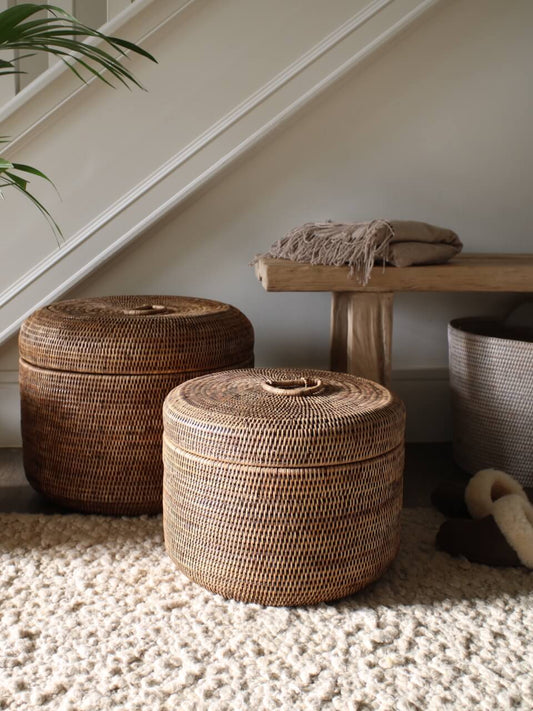 Ely Rattan Round Storage Box - Antique Brown