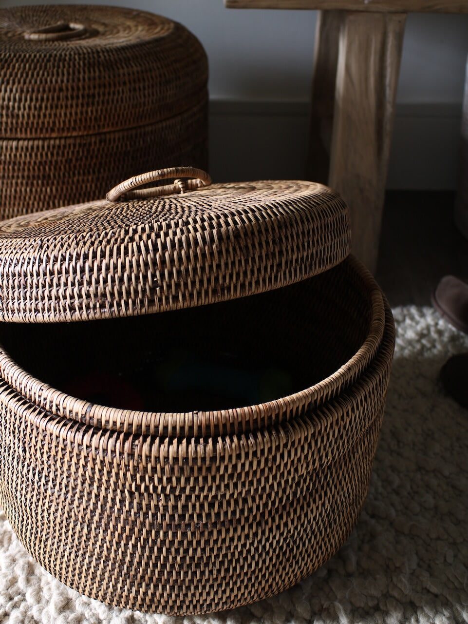 Ely Rattan Round Storage Box - Antique Brown