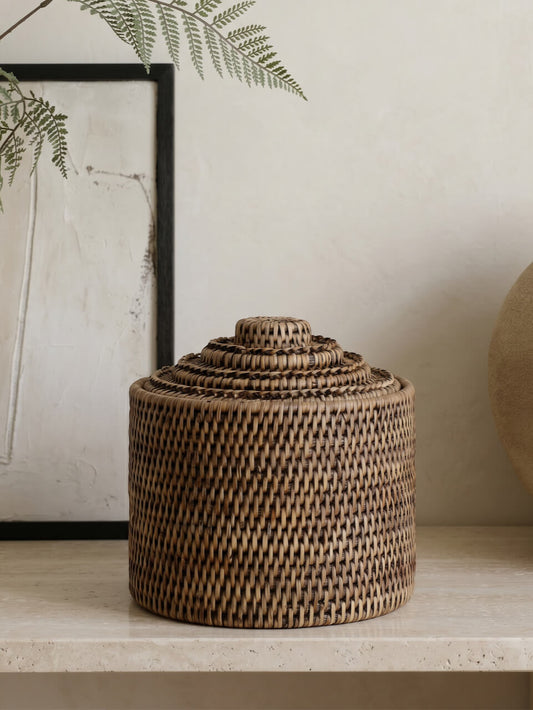 Leith Rattan Medium Lidded Storage Box - Antique Brown