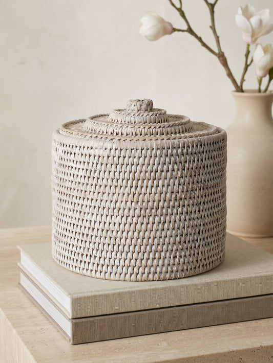 Leith Rattan Medium Lidded Storage Box - White