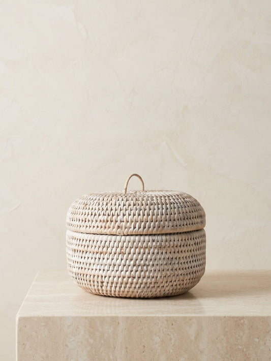 Ely Round Rattan Storage Box - White - Small